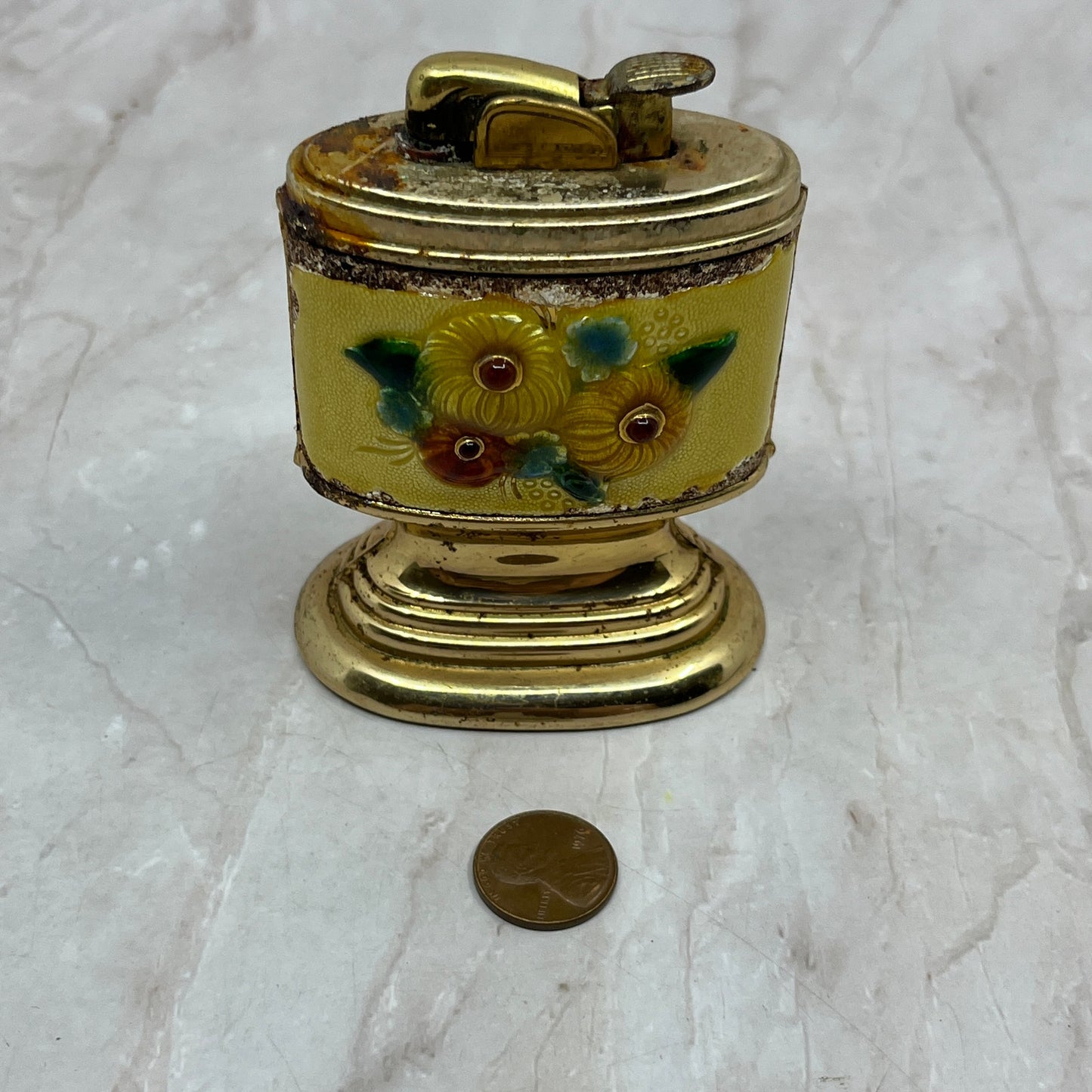 Vintage Evans Brass and Enamel Floral Design Table Lighter TL35
