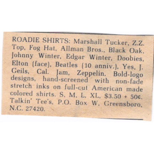 Roadie Shirts Talkin' Tee's Greensboro NC - 1/2x2 1974 Ad AF6-S9