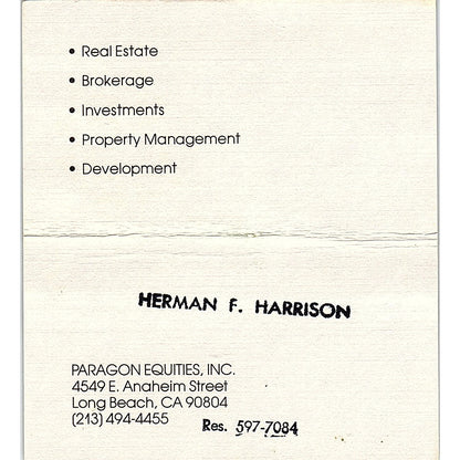 Paragon Equities Inc Herman F Harrison Long Beach Vintage Business Card SE3-B14