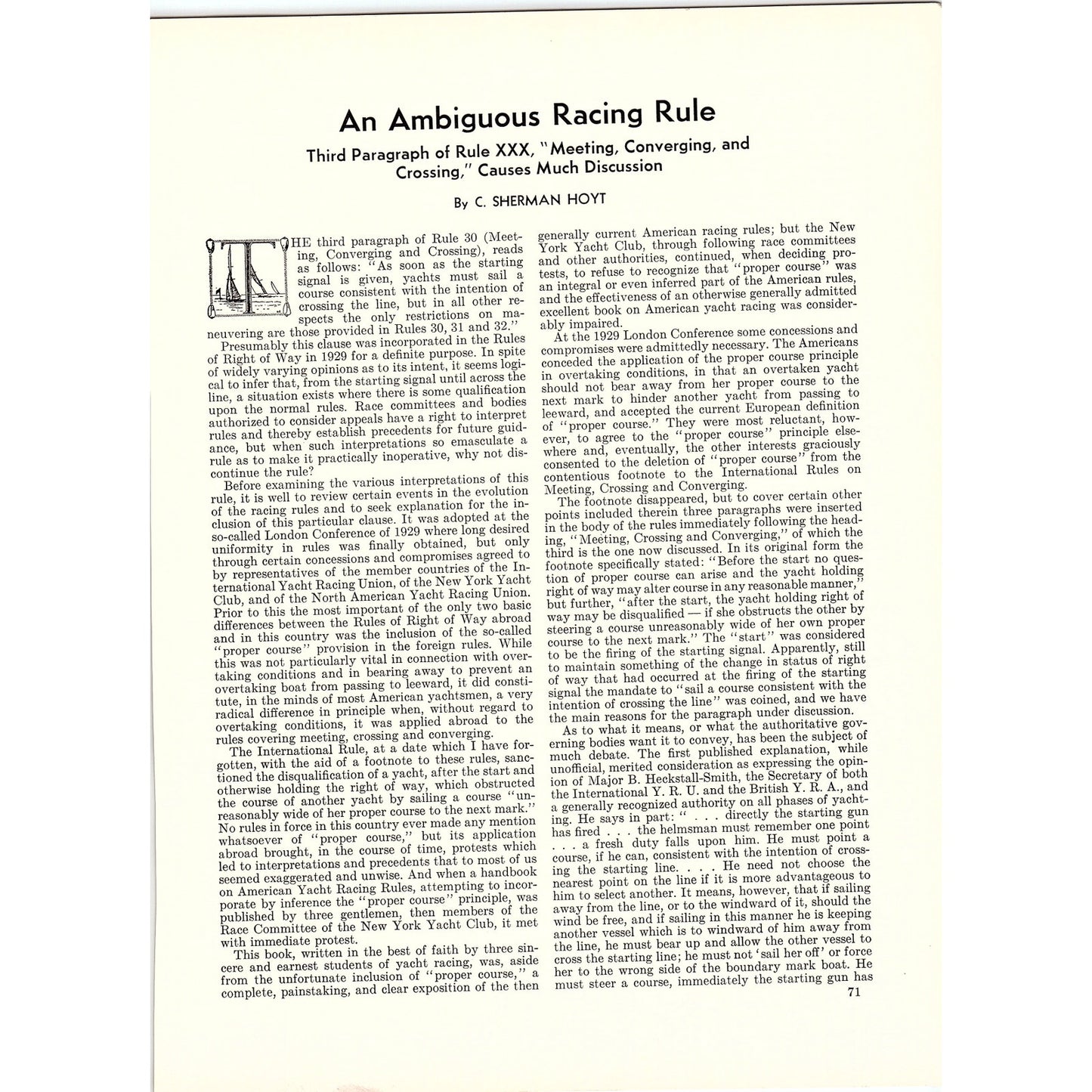 An Ambiguous Rule in Yachting C. Sherman Hoyt 1932 Article V1-4