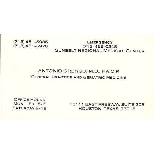 Sunbeltregional Medical Center, Antonio Orengo, Houston, TX Business Card SF3-B9