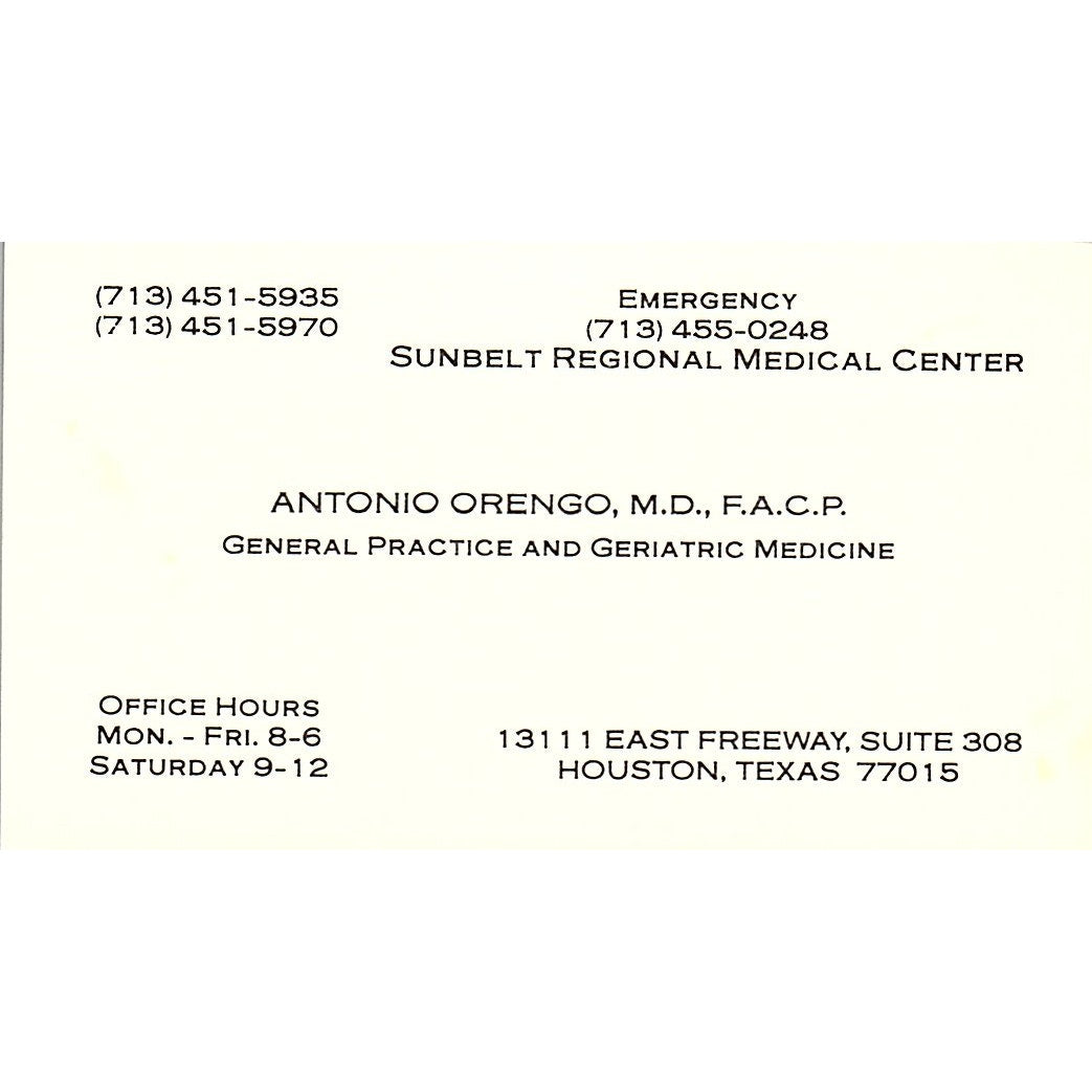 Sunbelt Regional Medical Center, Antonio Orengo, Houston TX Business Card SF3-B9