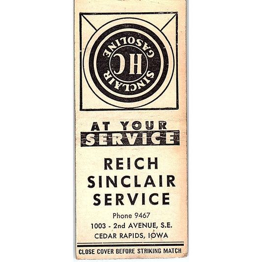 Reich Sinclair Service Cedar Rapids Iowa Vintage Matchbook Cover SF3-Y5