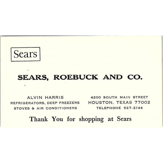 Sears Roebuck and Co Alvin Harris Houston TX Vintage Business Card SB4-B8