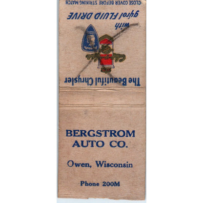 Bergstrom Auto Co Chrysler Owen WI Vintage Matchbook Cover SD2-Y1