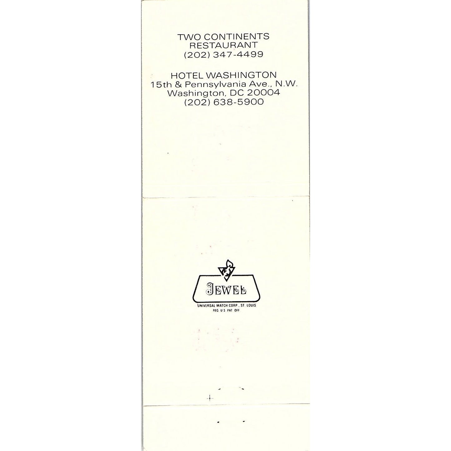 Two Continents Restaurant Hotel Washington DC Vintage Matchbook MM4-10