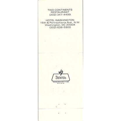 Two Continents Restaurant Hotel Washington DC Vintage Matchbook MM4-10