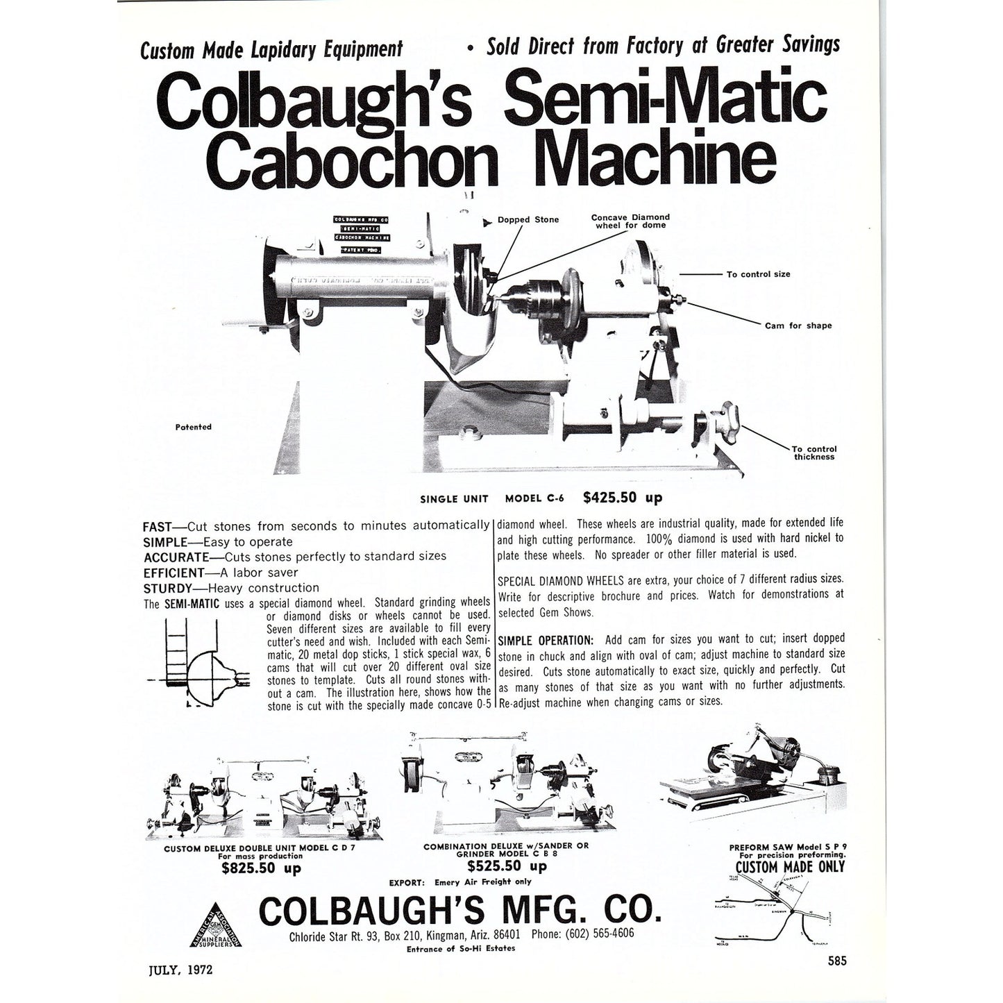 Colbaugh's Mfg Co Semi-Matic Cabochon Machine Kingman AZ 1972 Ad AF8-3