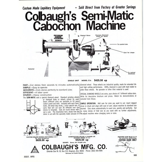 Colbaugh's Mfg Co Semi-Matic Cabochon Machine Kingman AZ 1972 Ad AF8-3