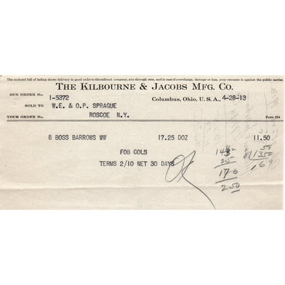 TH Kilbourne & Jacobs Mfg Co Columbus OH 1913 Original Billhead Receipt D8-LL