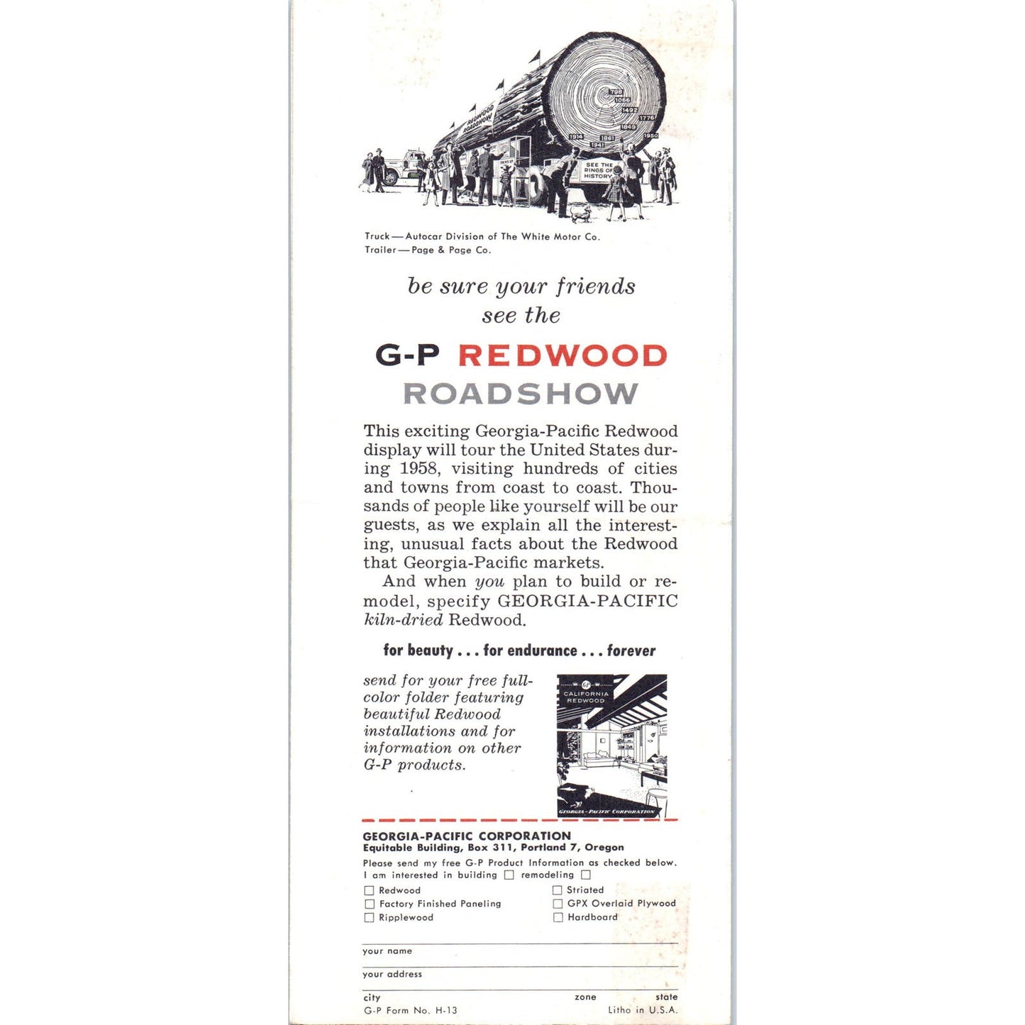 c1960 Georgia-Pacific Redwood Road Show Brochure Fold Out AE2