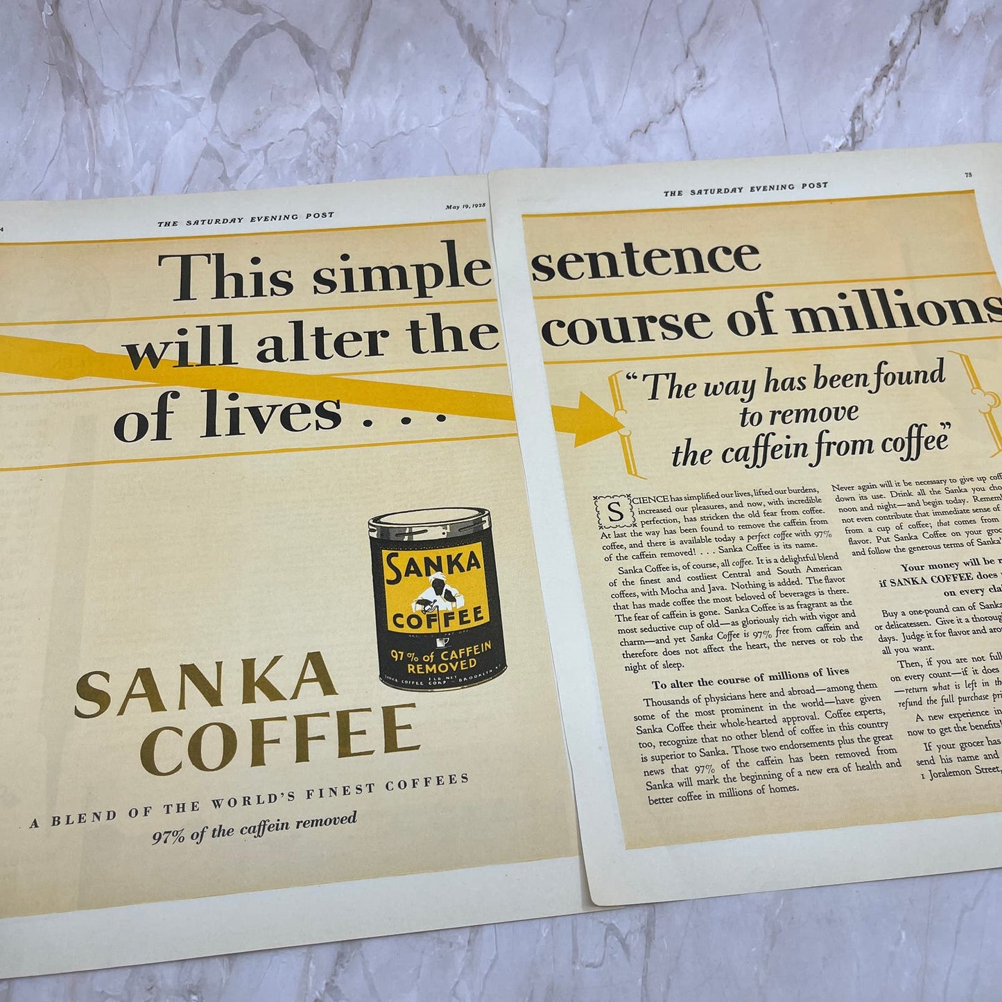 Sanka Coffee Decaf 2 Pages 1928 Original Magazine Advertisement FL6-8