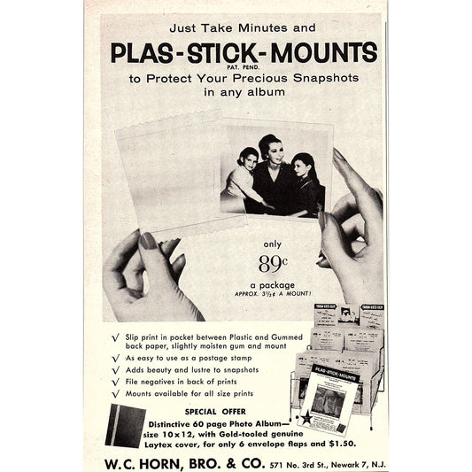 Plas-Stick-Mounts for Photos W.C. Horn, Bro & Co Newark 1960 Magazine Ad AG6-5