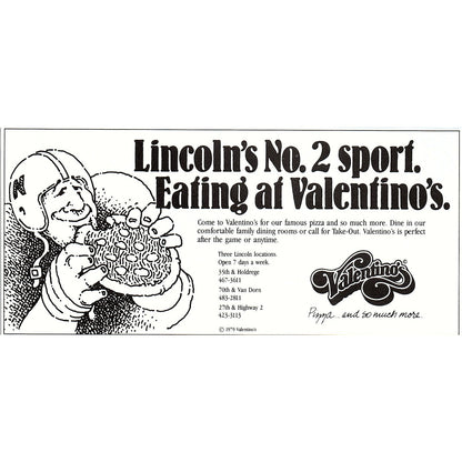Valentino's Restaurant Lincoln NE Cornhuskers Promo 1979 Ad AG8-2