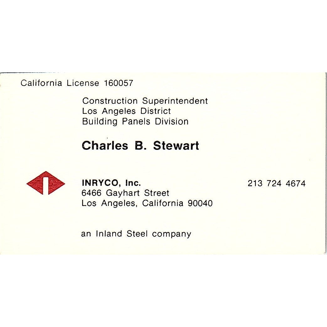Charles B Stewart INRYCO Inc Los Angeles Vintage Business Card SC9-B12