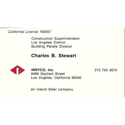 Charles B Stewart INRYCO Inc Los Angeles Vintage Business Card SC9-B12