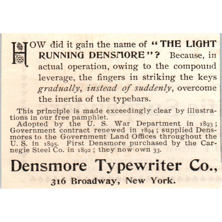 Densmore Typewriter Co NY c1905 Original Magazine Advertisement AE7-A1