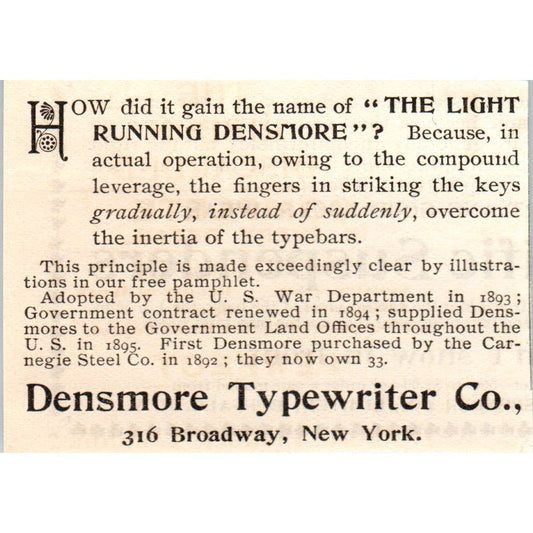 Densmore Typewriter Co NY c1905 Original Magazine Advertisement AE7-A1
