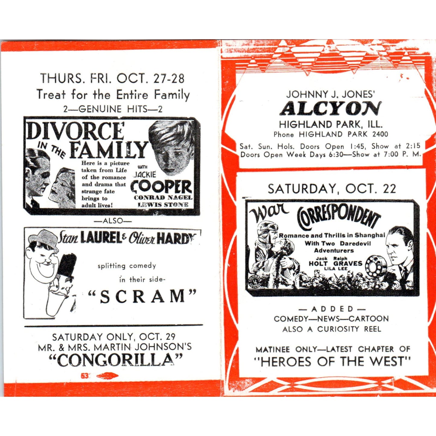 c1932 Johnny J. Jones Alcyon Theatre Highland Park Program Laurel & Hardy AB9