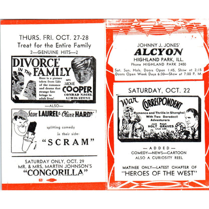c1932 Johnny J. Jones Alcyon Theatre Highland Park Program Laurel & Hardy AB9