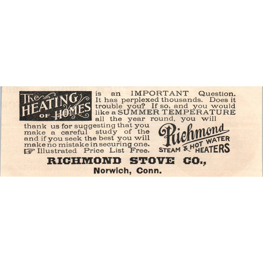 Richmond Stove Co Steam & Hot Water Heaters Norwich CT 1892 Magazine Ad AK6-H1