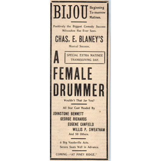 Bijou A Female Drummer Chas E Blaney Milwaukee 1898 Newspaper Clip AF7-E12