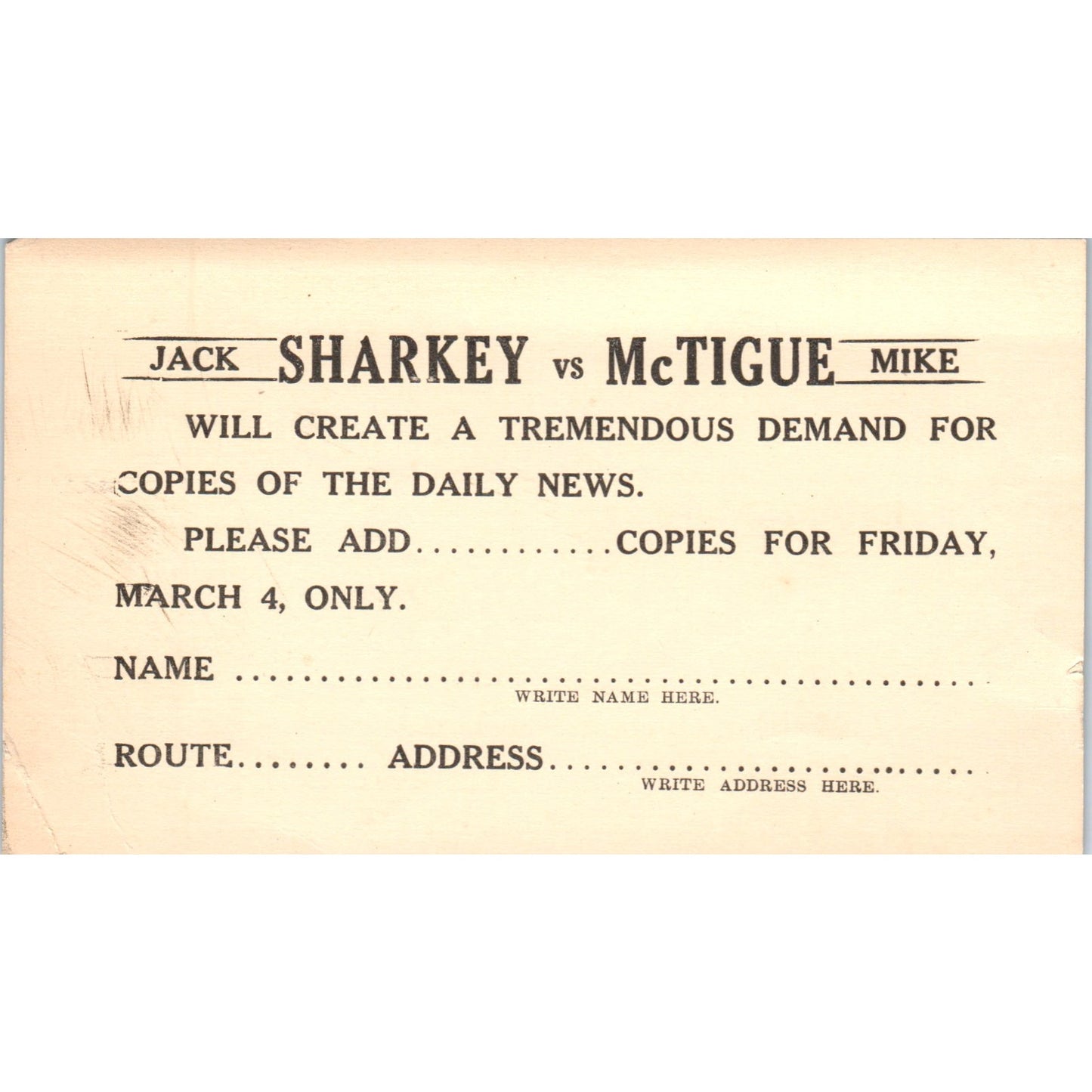 Jack Sharkey vs Mike McTigue New York Daily News Postal Mailing Card PE7