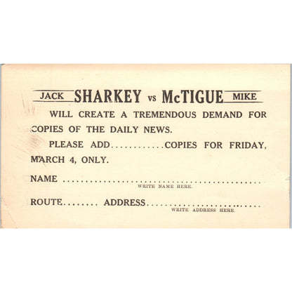 Jack Sharkey vs Mike McTigue New York Daily News Postal Mailing Card PE7