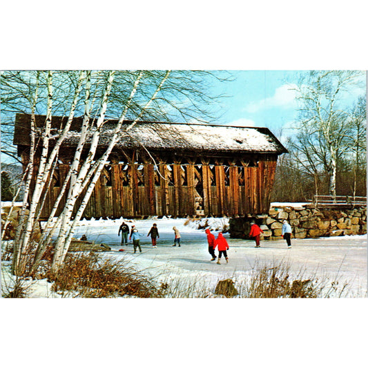 Ice Skating At Andover New Hampshire Covered Bridge Postcard PB13