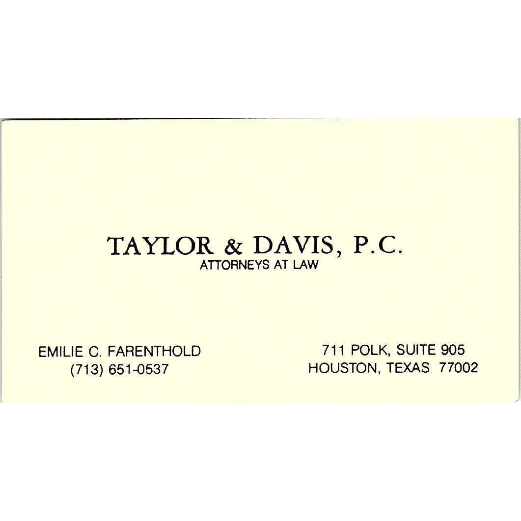 Emily C Farenthold Taylor & Davis Attorneys Houston Vtg Business Card SE3-B12