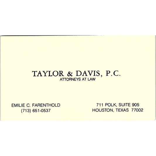 Emily C Farenthold Taylor & Davis Attorneys Houston Vtg Business Card SE3-B12