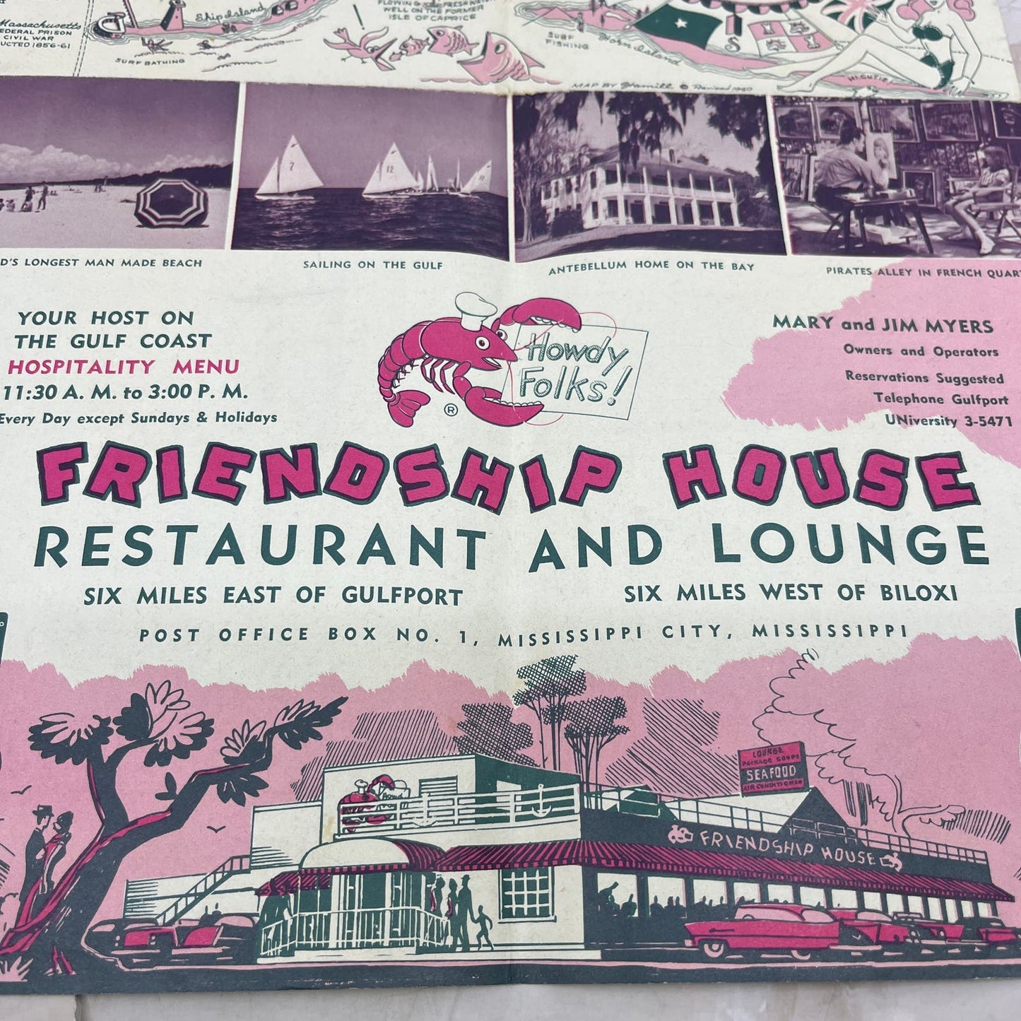 1960 Down South's Hotel Motel Guide Friendship House Biloxi MS Fold Out TG8-Z