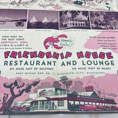 1960 Down South's Hotel Motel Guide Friendship House Biloxi MS Fold Out TG8-Z
