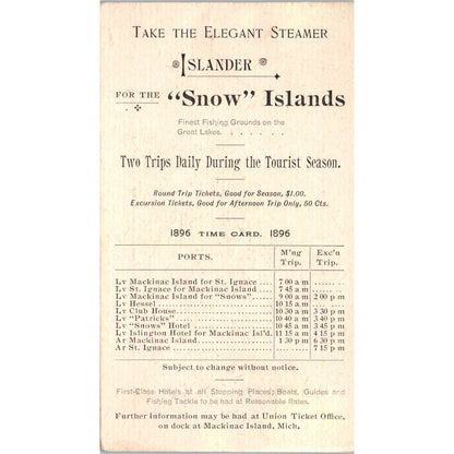 1896 Steamer Islander Snow Islands Time Card Mackinac Island MI AE4