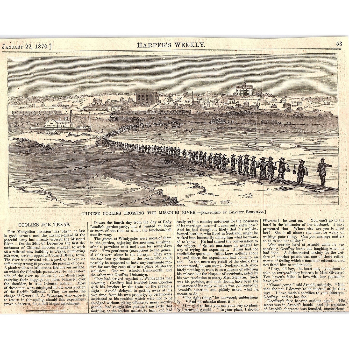 Chinese Coolies Crossing the Missouri River Engraving Harper's Weekly 1870 V1-8