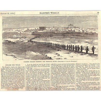 Chinese Coolies Crossing the Missouri River Engraving Harper's Weekly 1870 V1-8