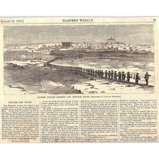 Chinese Coolies Crossing the Missouri River Engraving Harper's Weekly 1870 V1-8