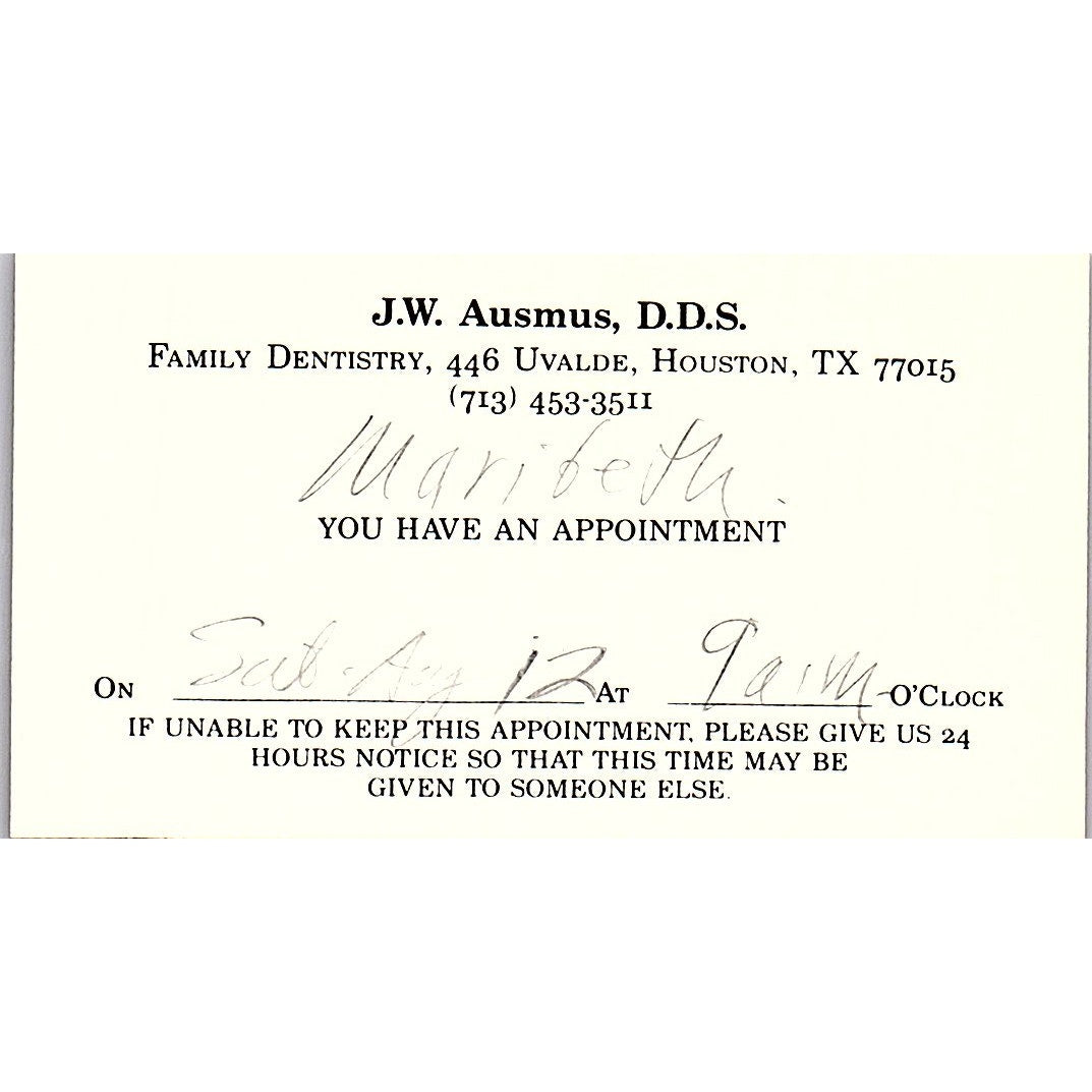 J.W. Ausmus DDS Family Dentistry Houston Vintage Business Card SC9-B4
