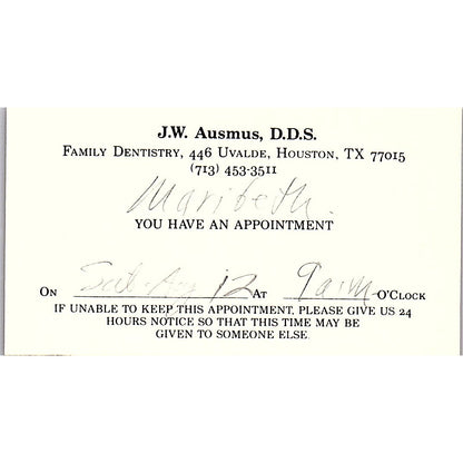 J.W. Ausmus DDS Family Dentistry Houston Vintage Business Card SC9-B4