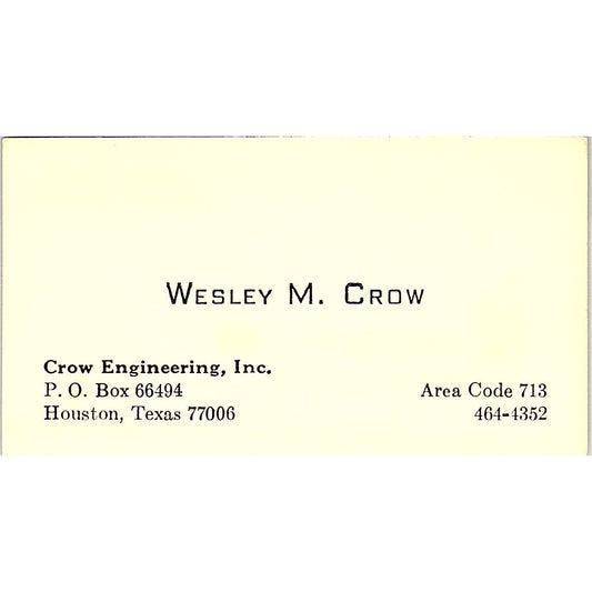Crow EngIneering Wesley M. Crow  Houston Texas Vintage Business Card SF3-B5