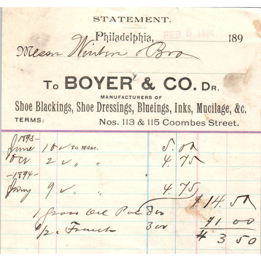 1894 Boyer & Co Shoe Dressings Philadelphia Original Billhead Receipt AE7