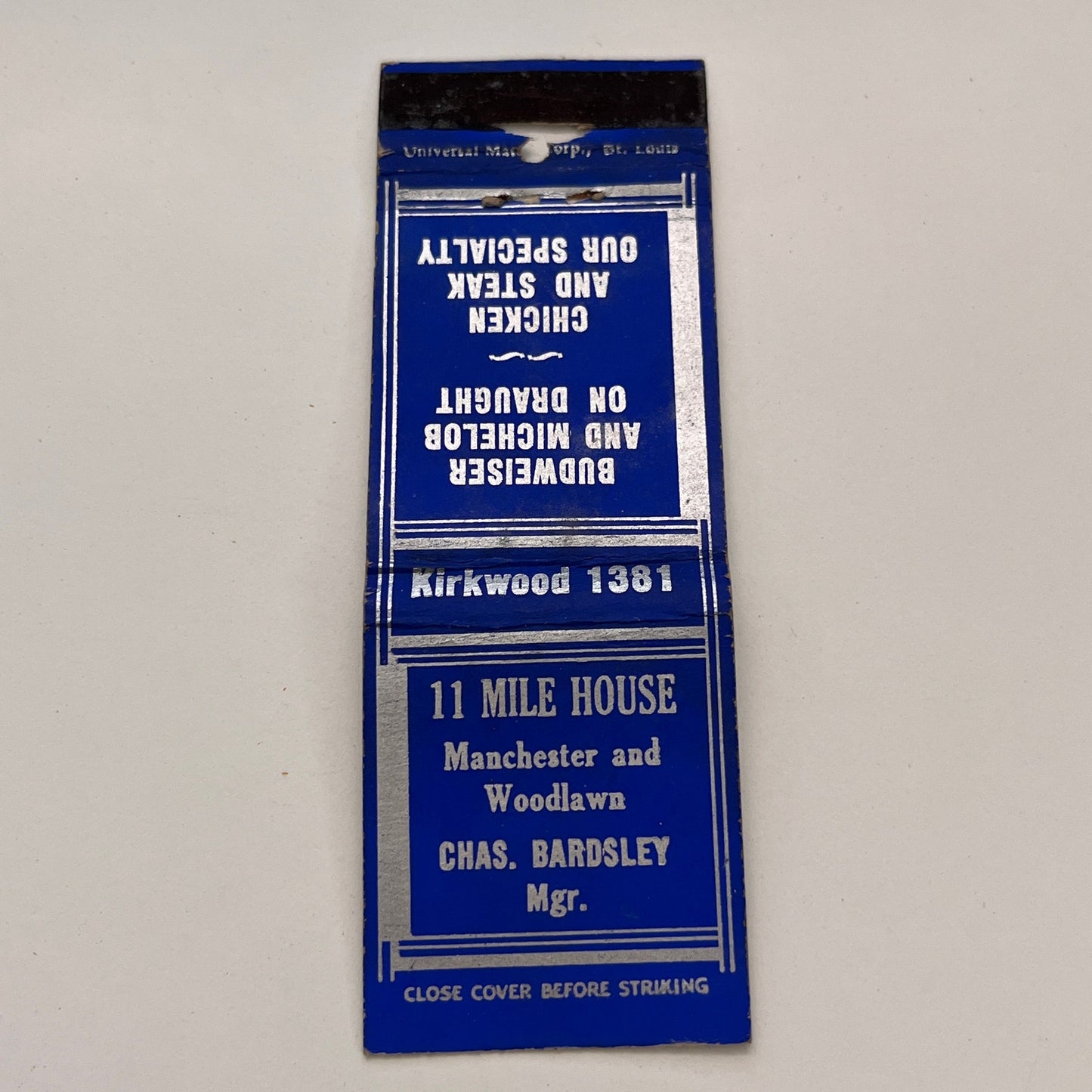 11 Mile House Manchester & Woodlawn Chas Bardsley Vintage Matchbook TB6-MB2-15