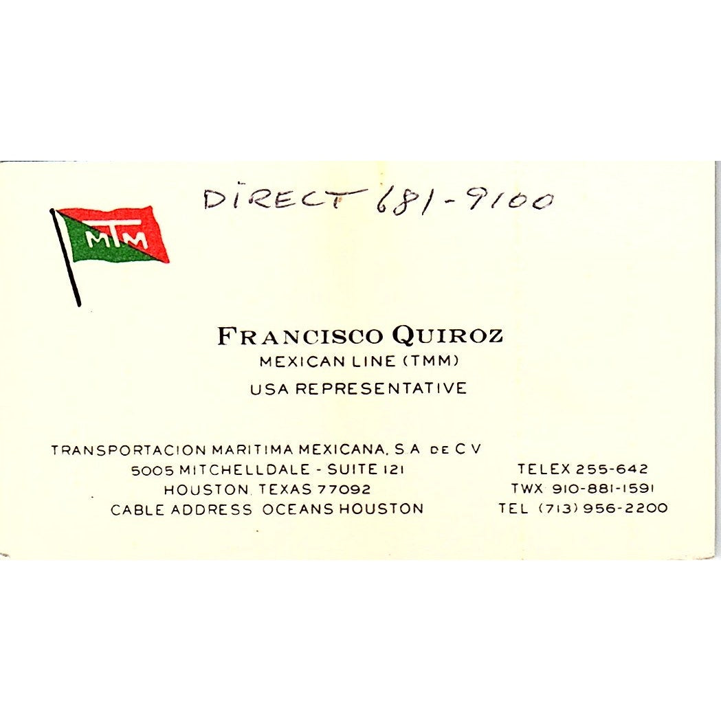 Francisco Quiroz Mexican Line Houston Vintage Business Card SC9-B2