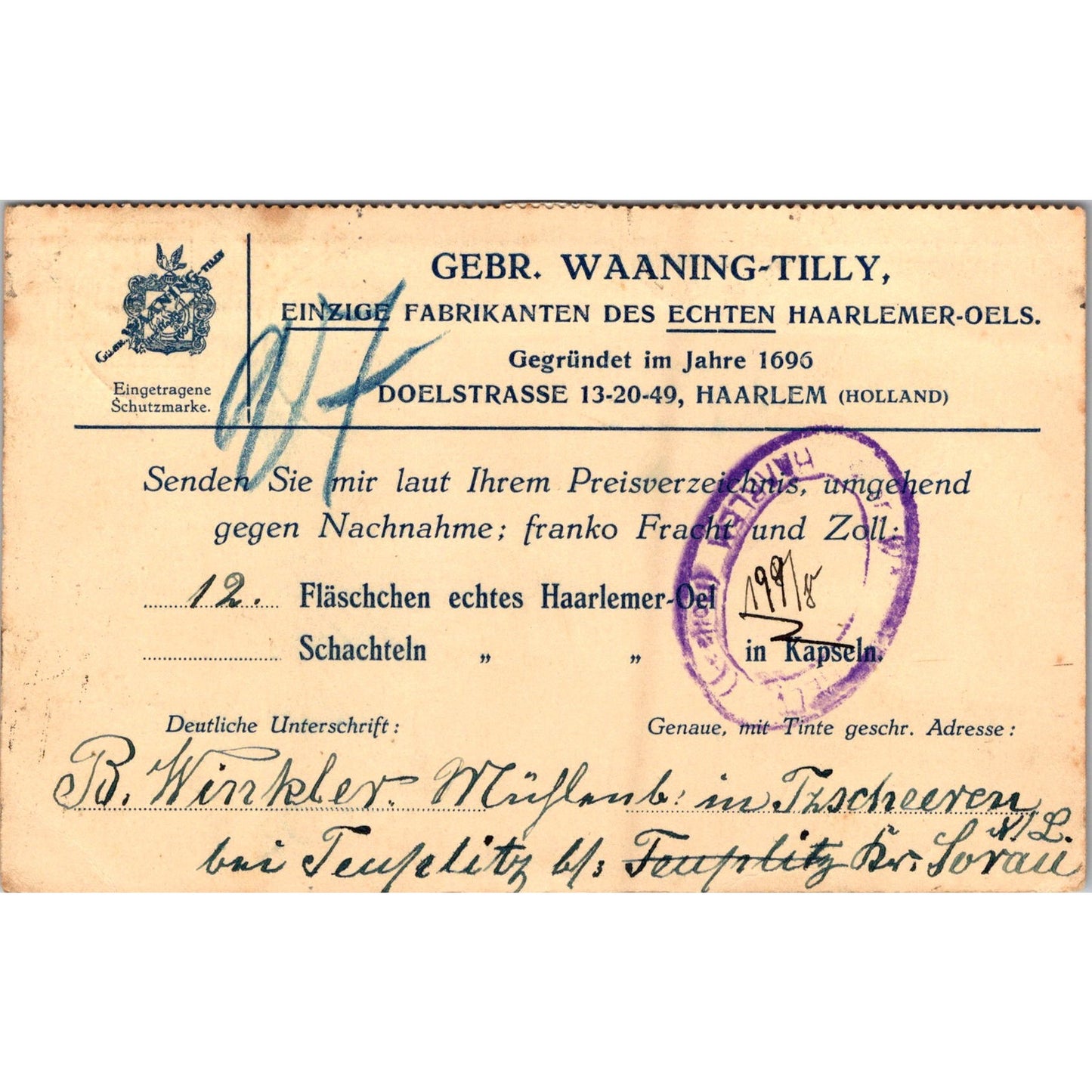 Waaning-Tilly Haarlem B. Winkler 1925 German Reich Postcard P5-11