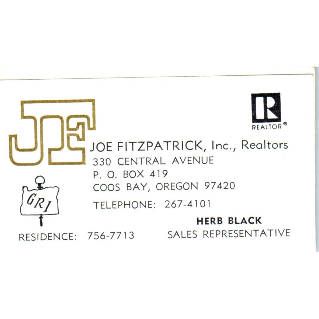 Herb Black Joe Fitzpatrick Inc Realtors Coos Bay OR Vintage Business Card SD8-B2