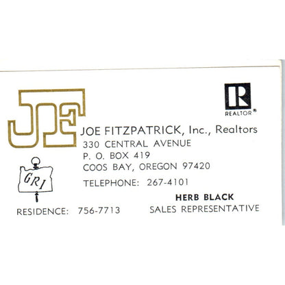 Herb Black Joe Fitzpatrick Inc Realtors Coos Bay OR Vintage Business Card SD8-B2