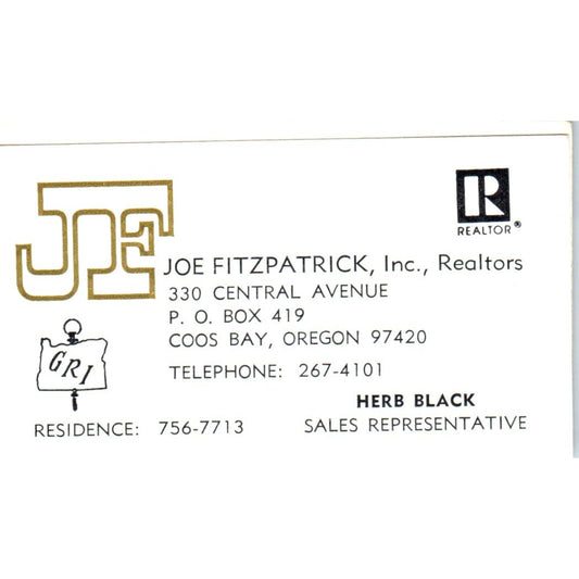 Herb Black Joe Fitzpatrick Inc Realtors Coos Bay OR Vintage Business Card SD8-B2