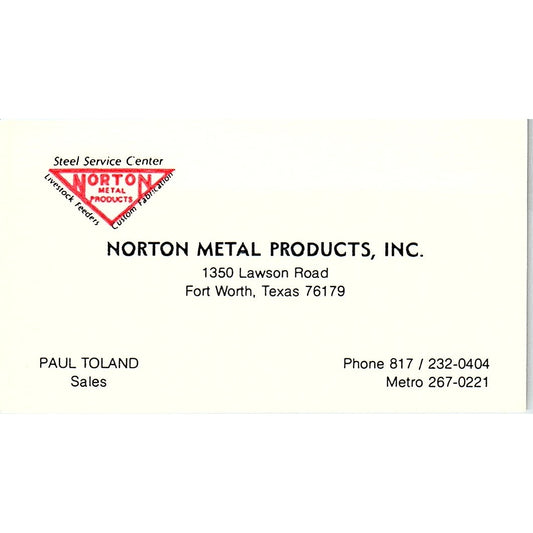 Paul Toland Norton Metal Products Inc Fort Worth TX Vintage Business Card SE5-B2