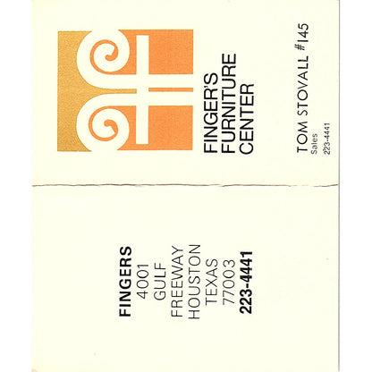 Finger's Furniture Center, Tom Slovall, Texas Vintage Business Card Sf3-B9