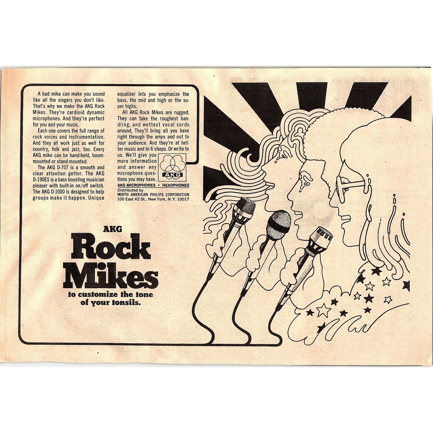 AKG Rock Mikes Microphones & Headphones Phillips NY 6.5x9.5 1974 Ad AF6-18